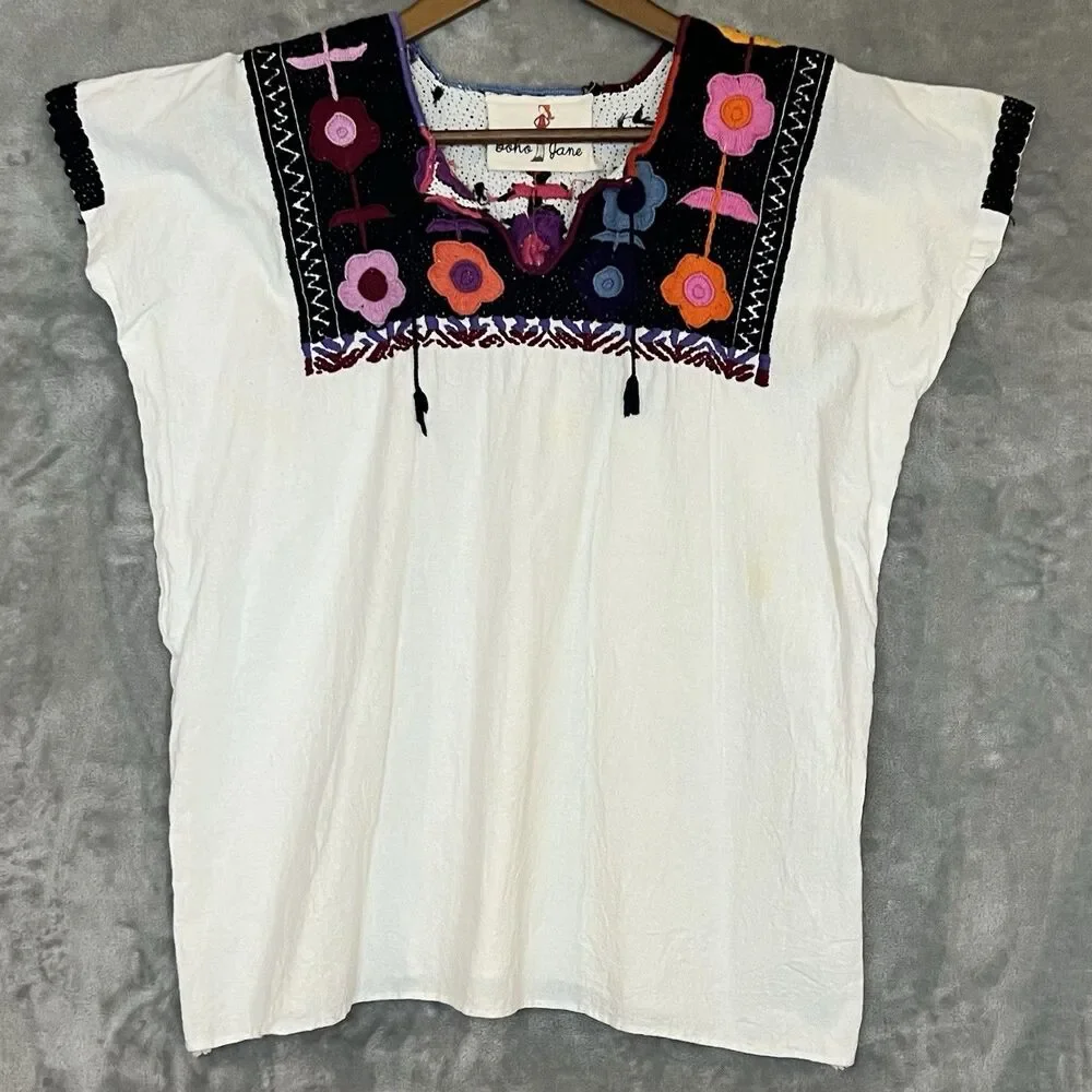 Boho Jane Embroidered Floral Top Size M Bohemian Peasant Festival Blouse - Picture 2 of 9